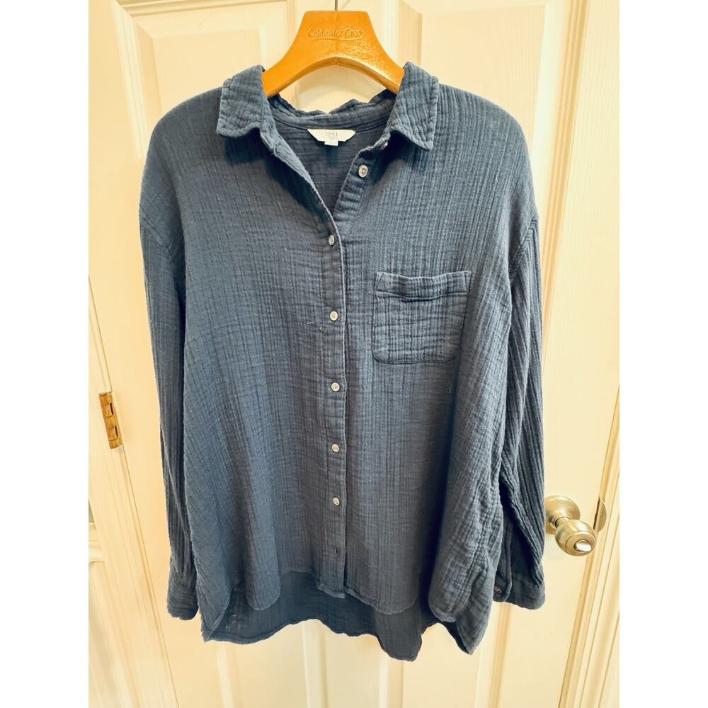 Time and Tru L Blue Button Shirt Crinkle Cotton Fabric Long Sleeve Picked - Picture 5 of 16
